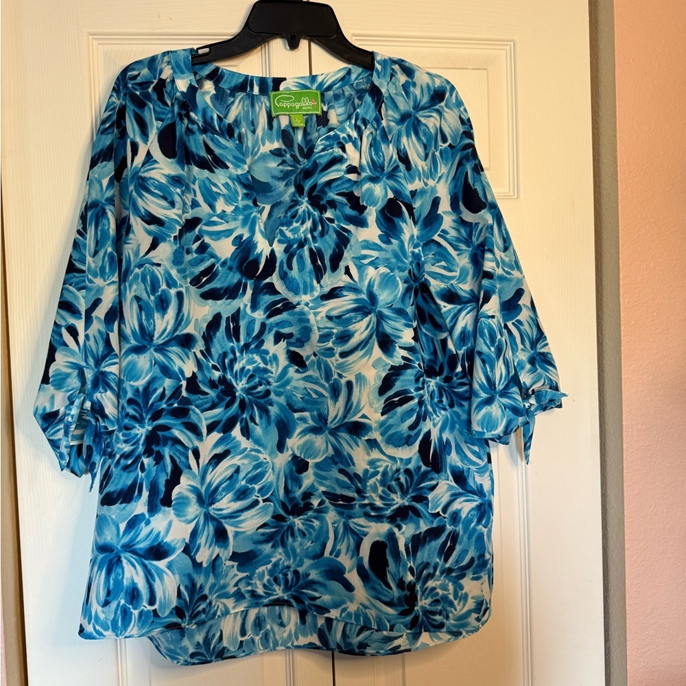 Pappagallo turquoise and white floral blouse Size L